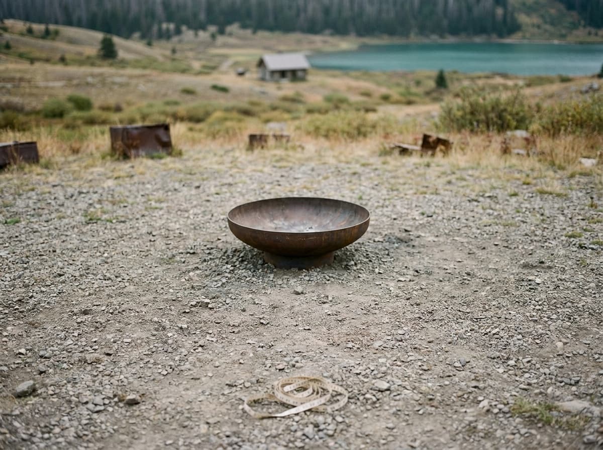 Illustration of an unlit fire bowl in an open gravel clearing, not a measured clearance diagram
