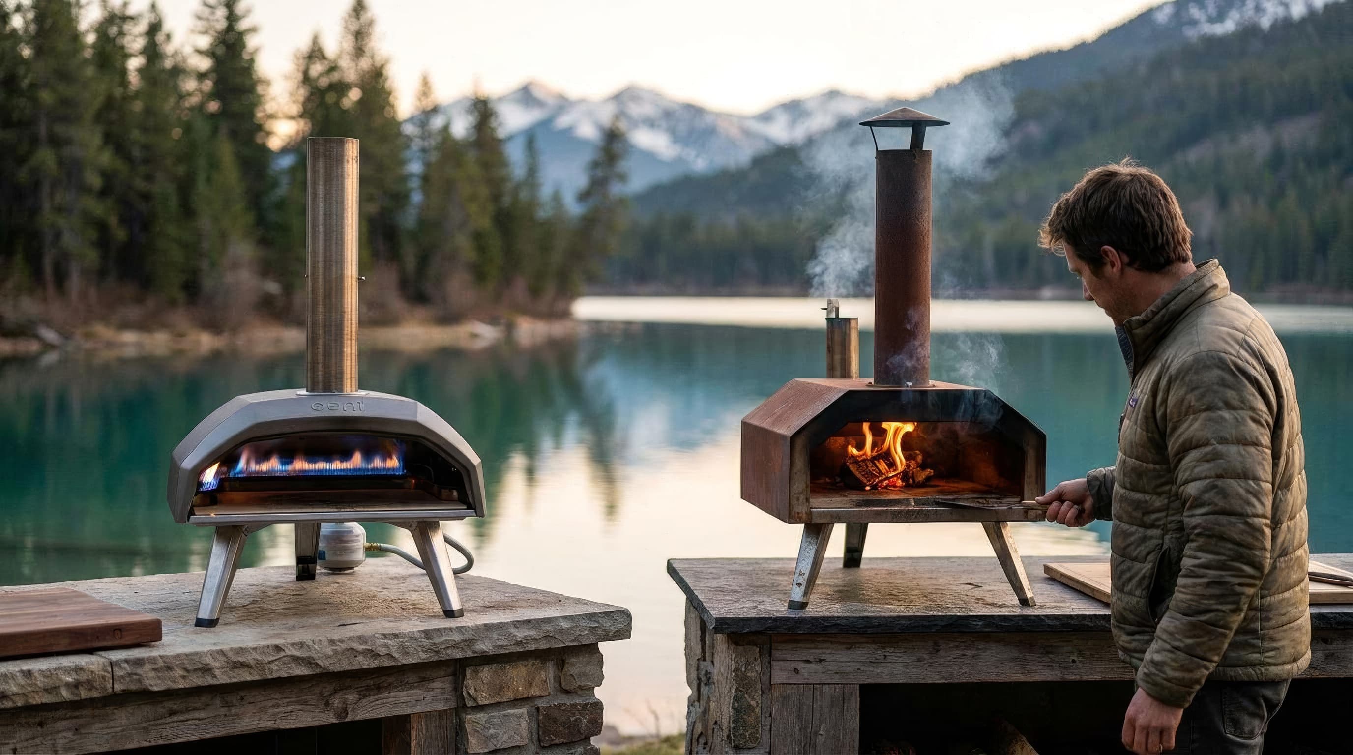 A propane pizza oven and a chimney-topped wood pellet oven cooking side by side at dusk