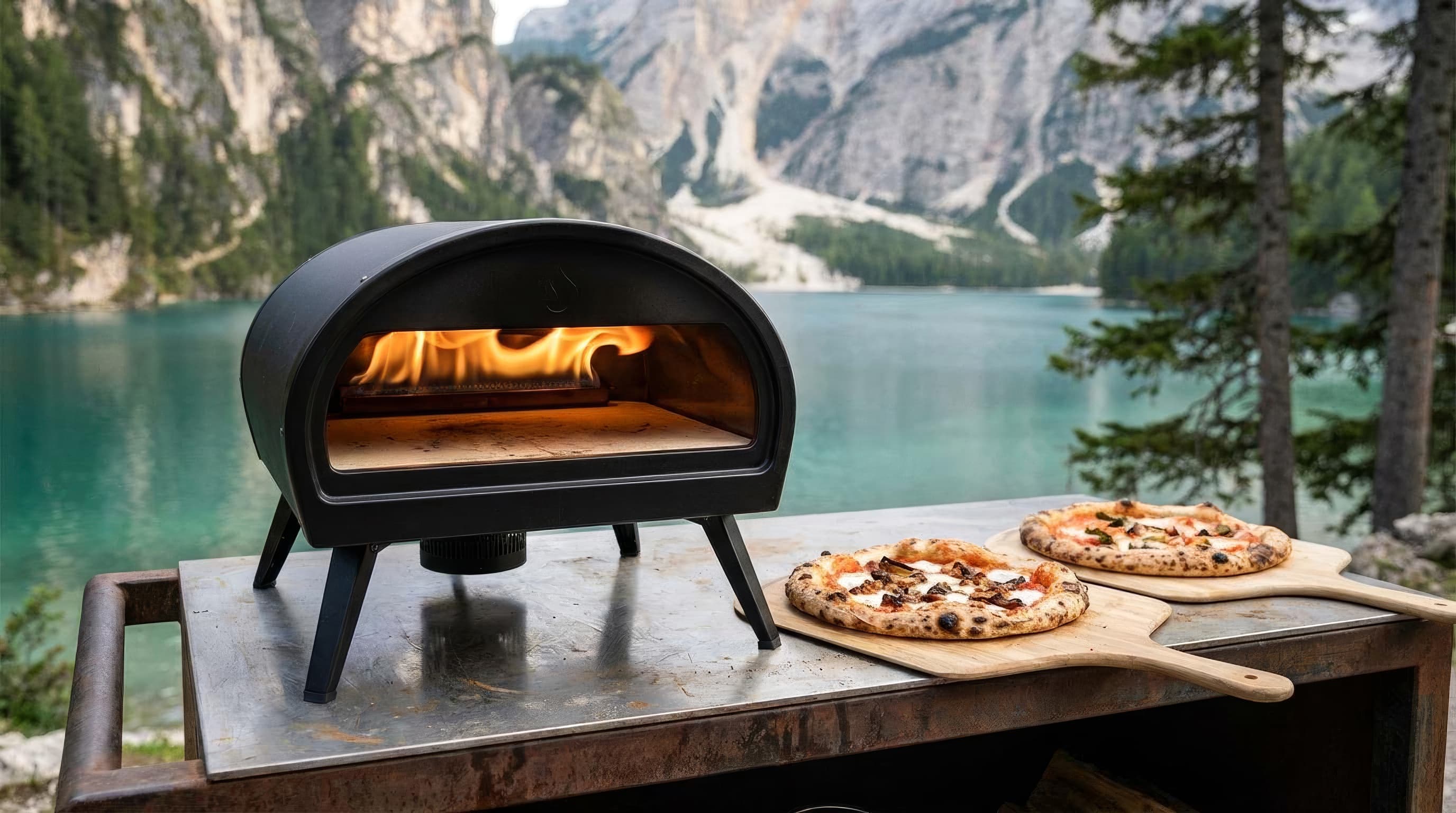 A Gozney Roccbox cooking at a small backyard pizza party with its legs extended