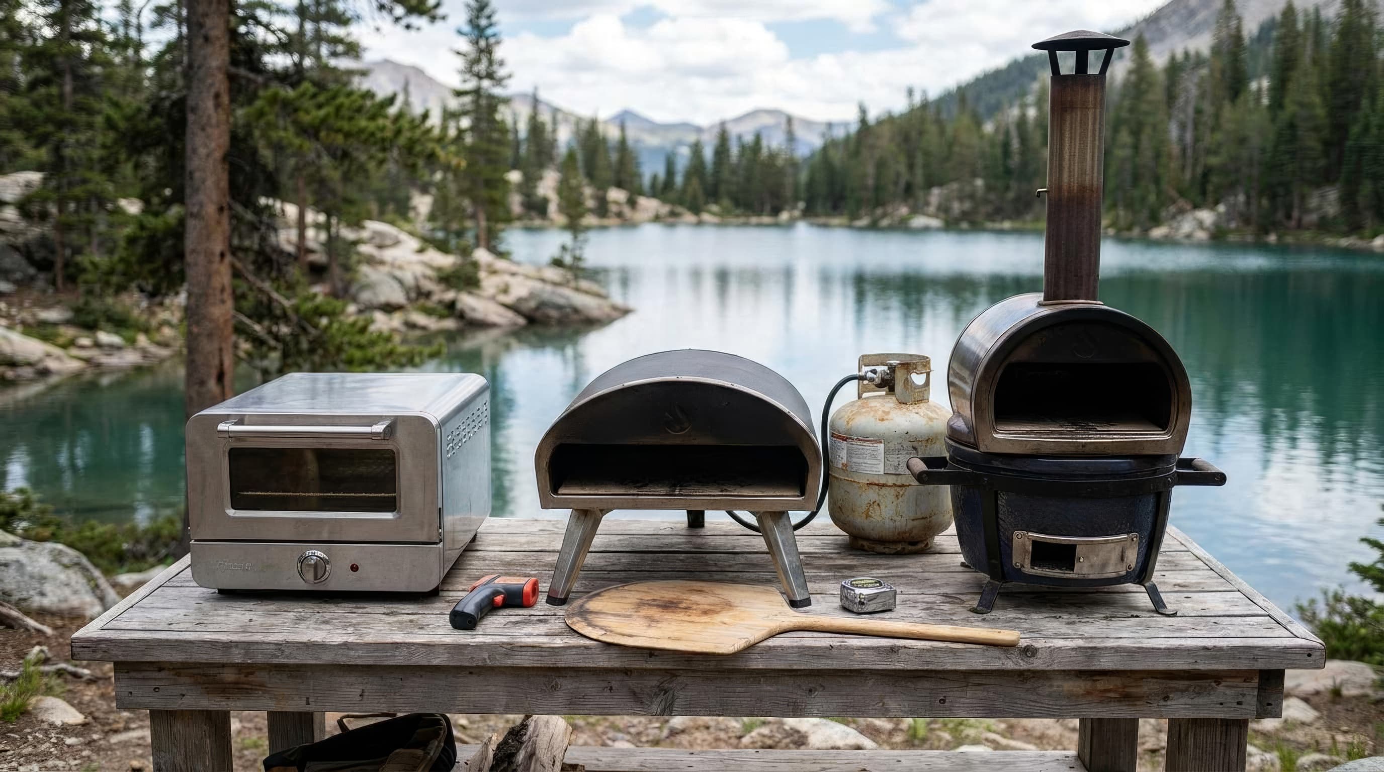Gas, electric, and pellet outdoor pizza ovens arranged with a peel, thermometer, tape measure, and propane tank