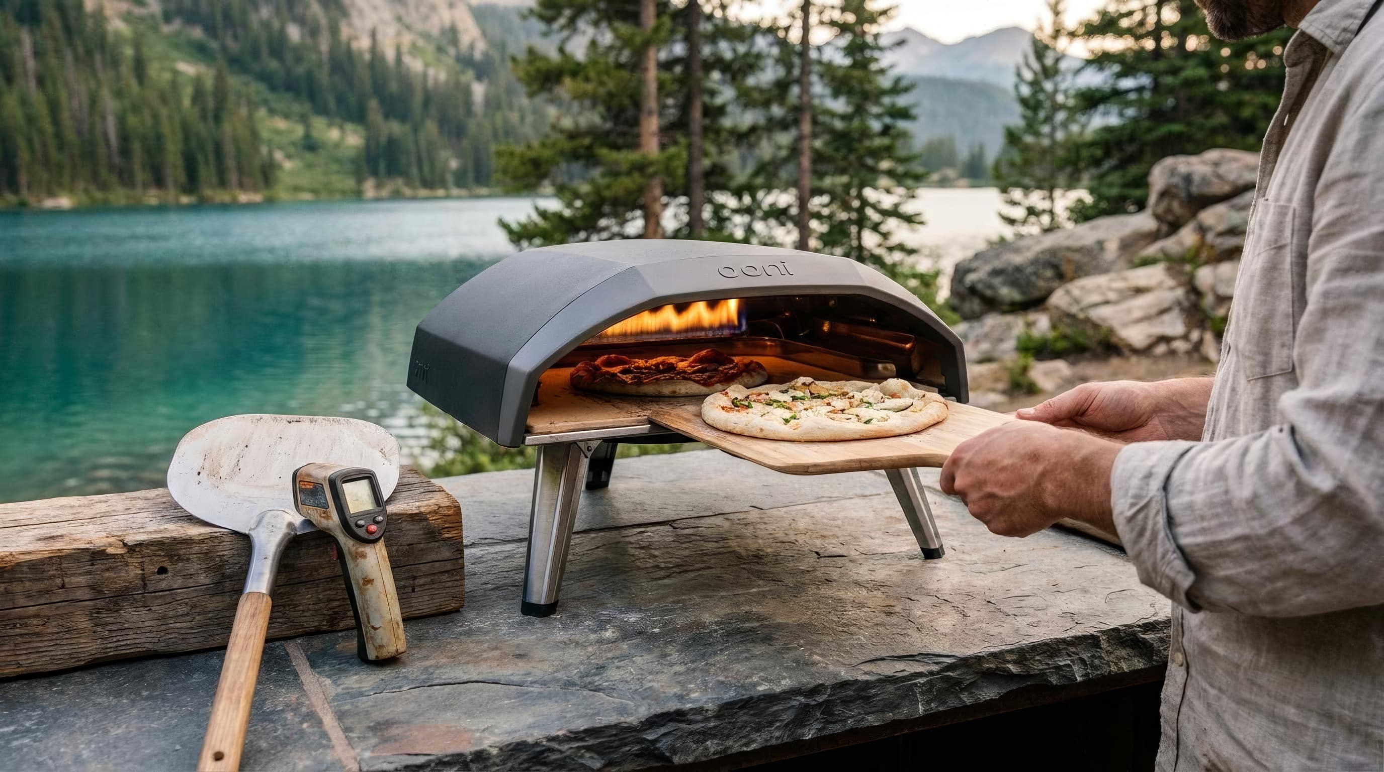 A cook launching a lightly topped pizza into a preheated outdoor oven with a thermometer and turning peel nearby