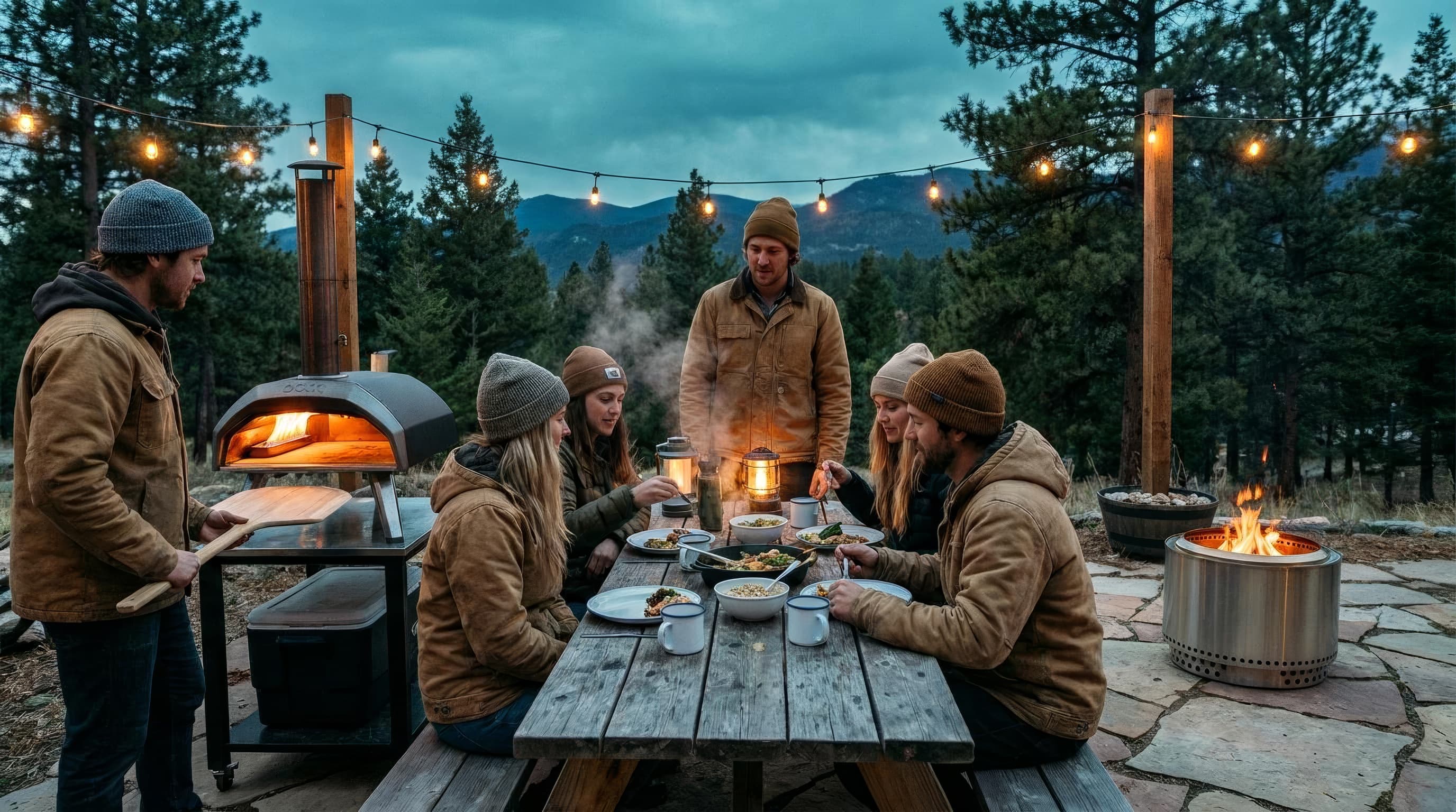 An outdoor pizza oven and smokeless fire pit set for an evening gathering on a garden patio