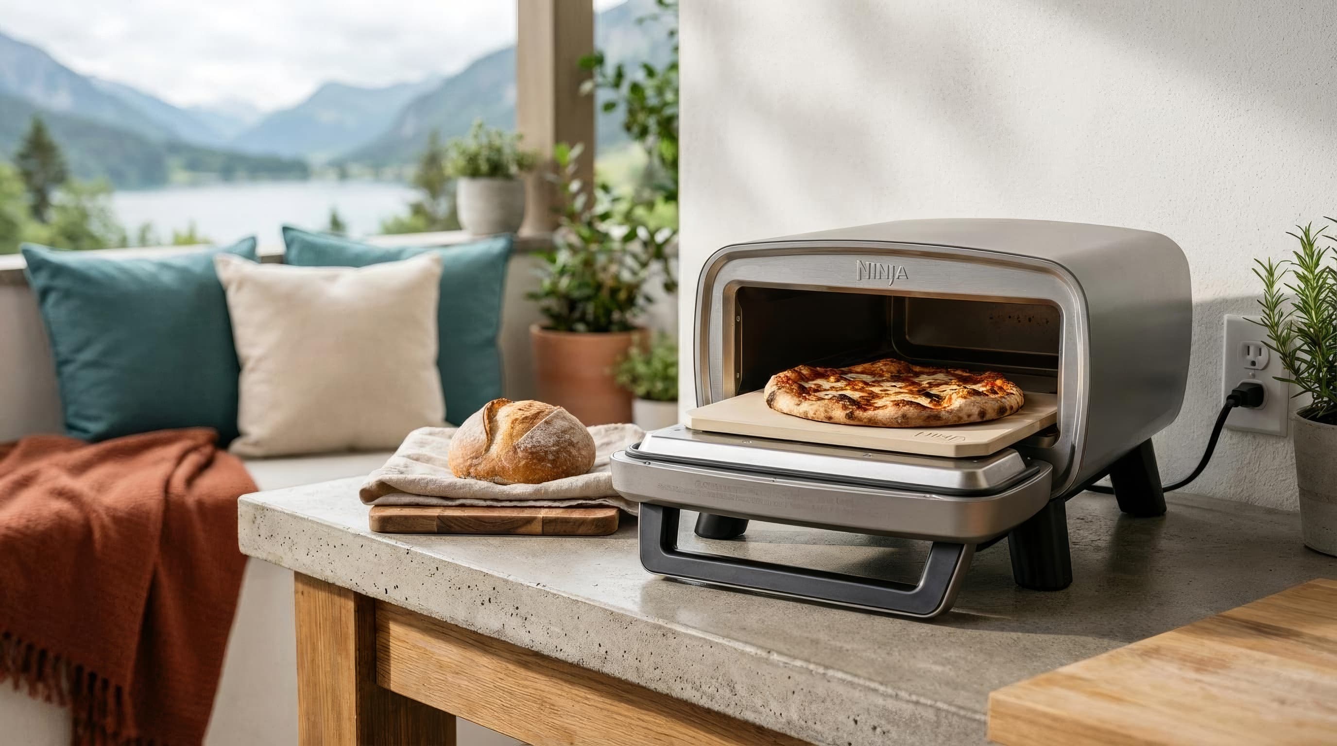 A Ninja Artisan electric pizza oven baking on a covered patio beside an outdoor outlet