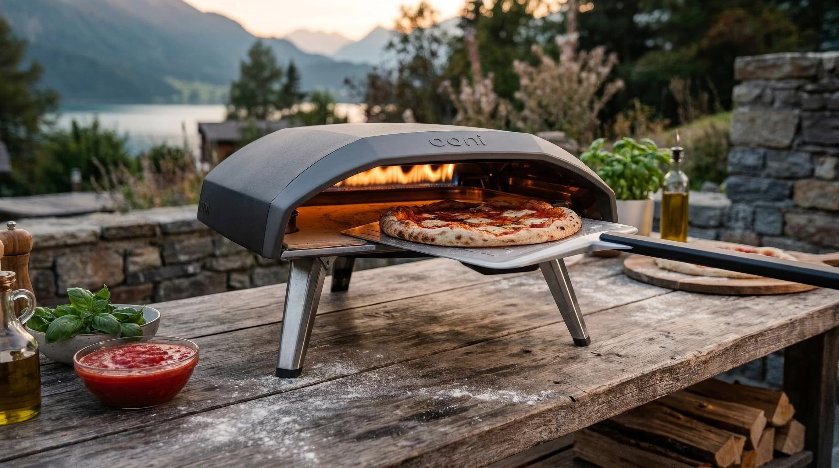 An Ooni Koda 16 cooking a large pizza on a deep outdoor worktable