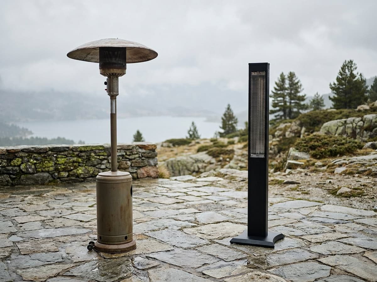 Illustration of two inactive patio heater types on an open stone terrace