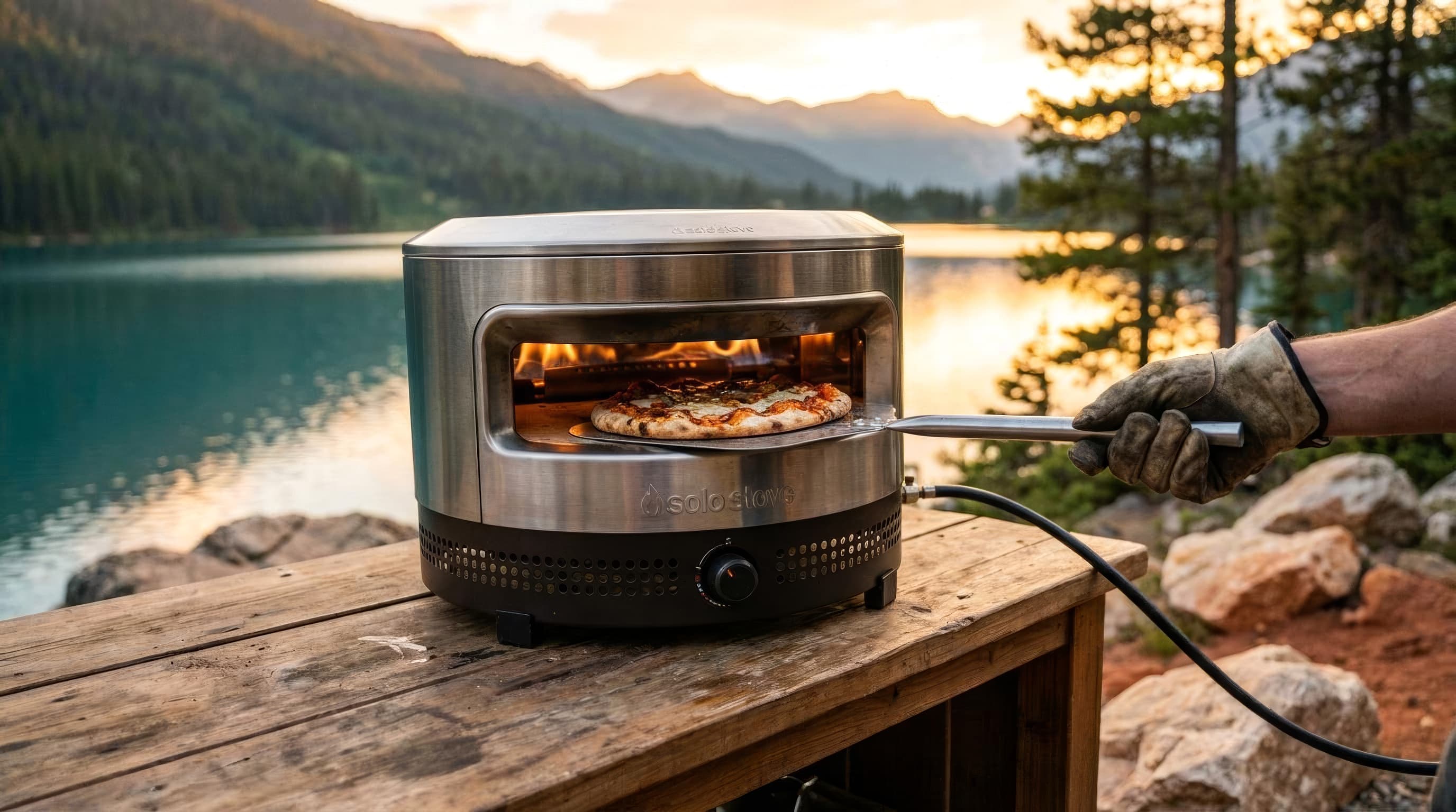 A Solo Stove Pi Prime cooking a 12-inch pizza through its panoramic opening at sunset