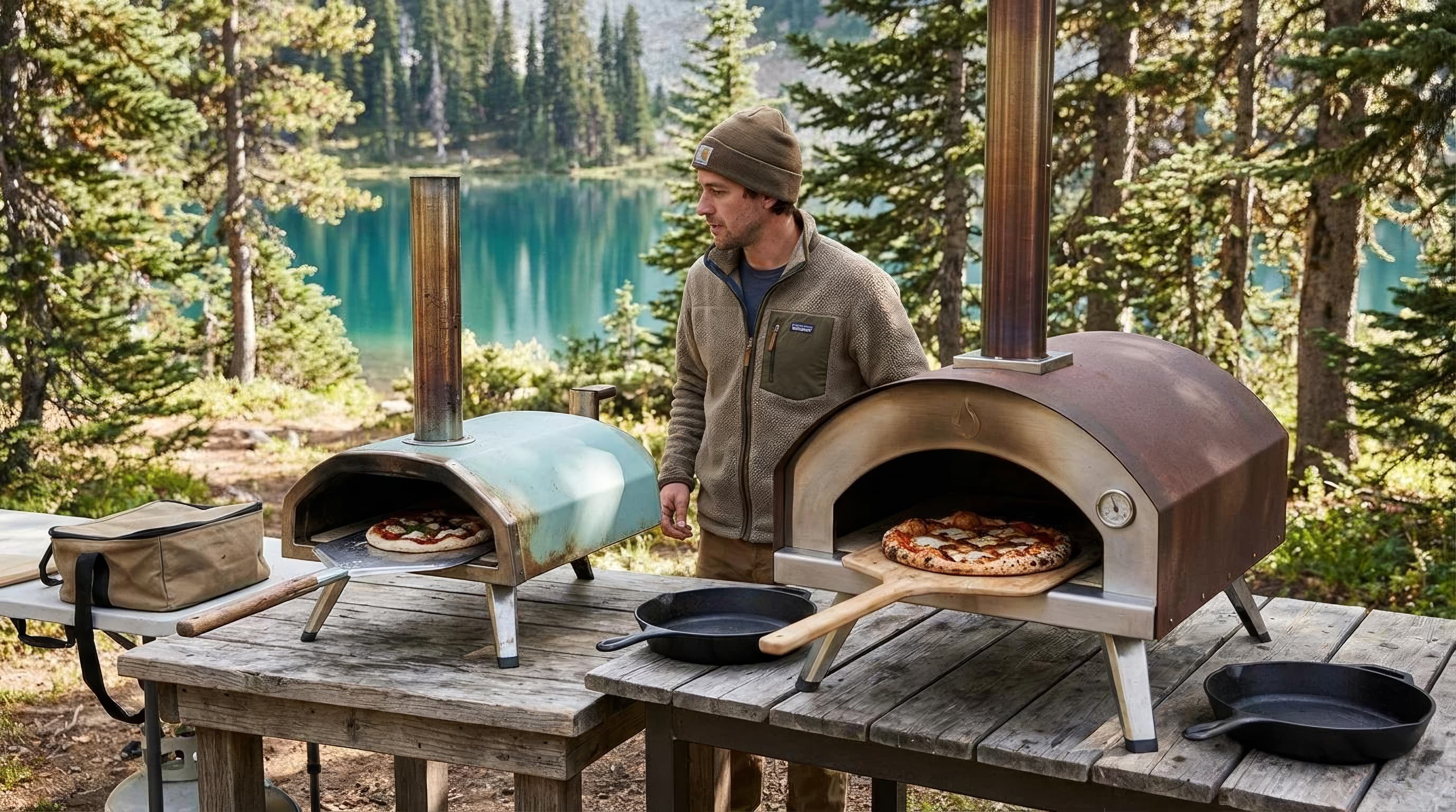 A 12-inch portable pizza oven and larger 16-inch oven shown beside matching pizzas for scale