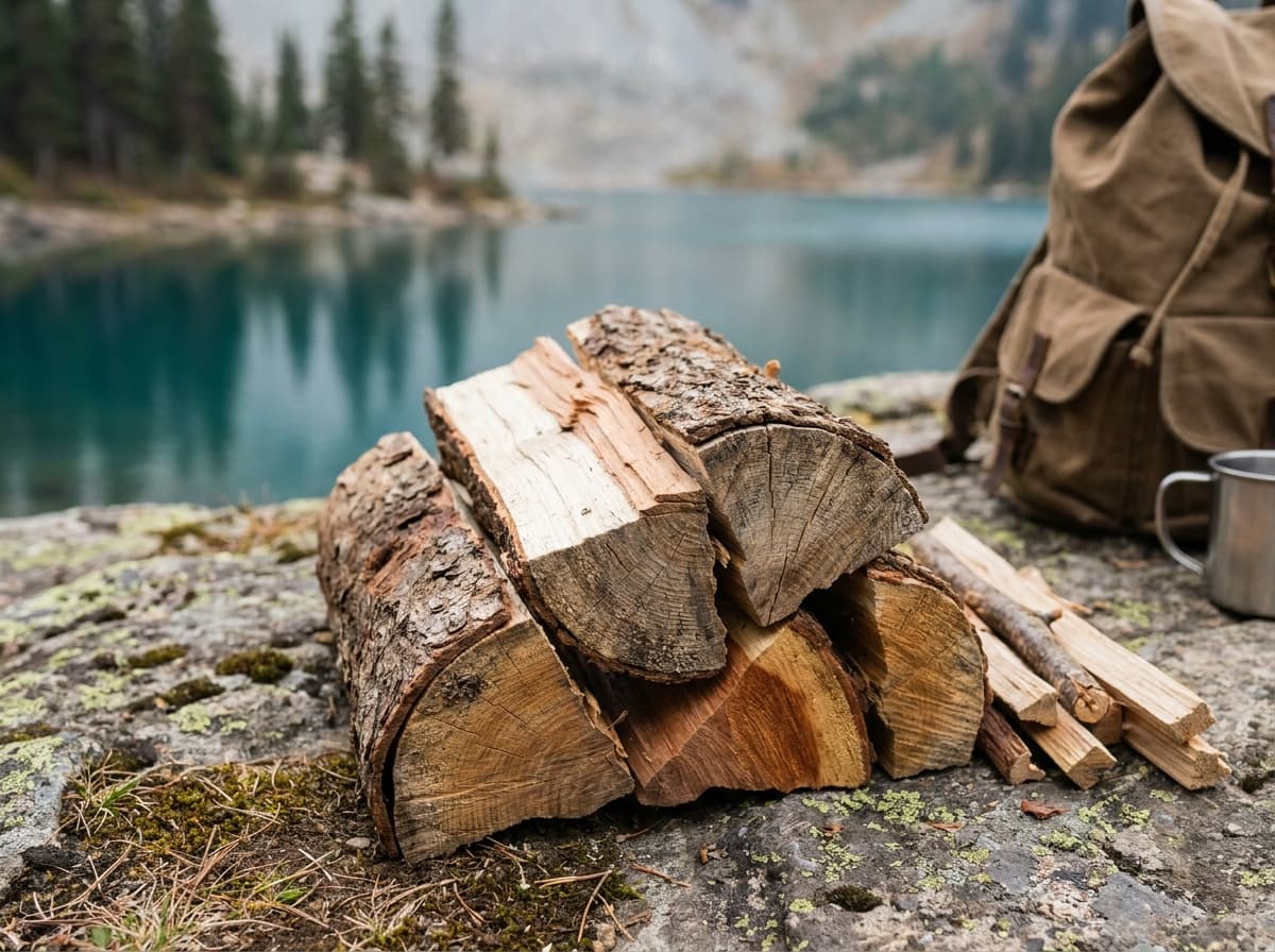 Illustration of untreated split firewood and kindling on a stone surface