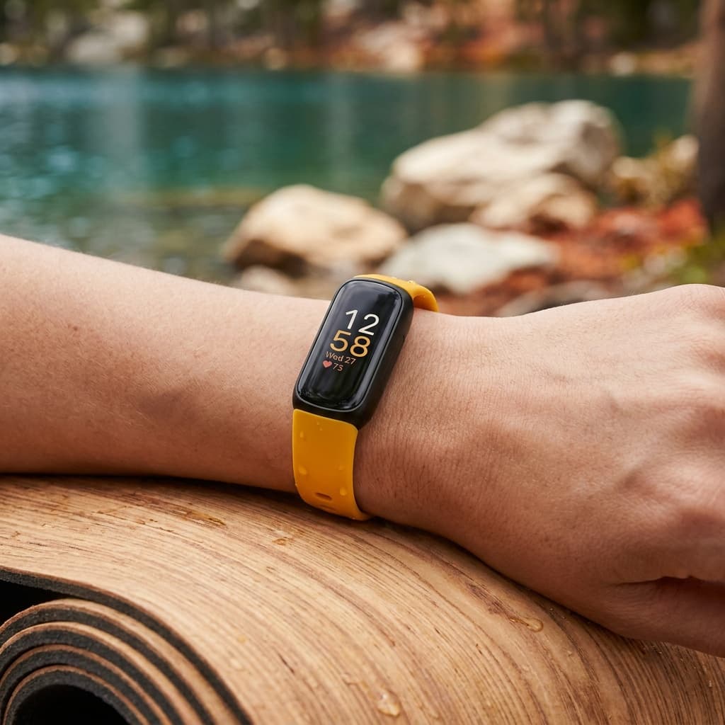 Fitbit Inspire 3 on the wrist with the screen showing