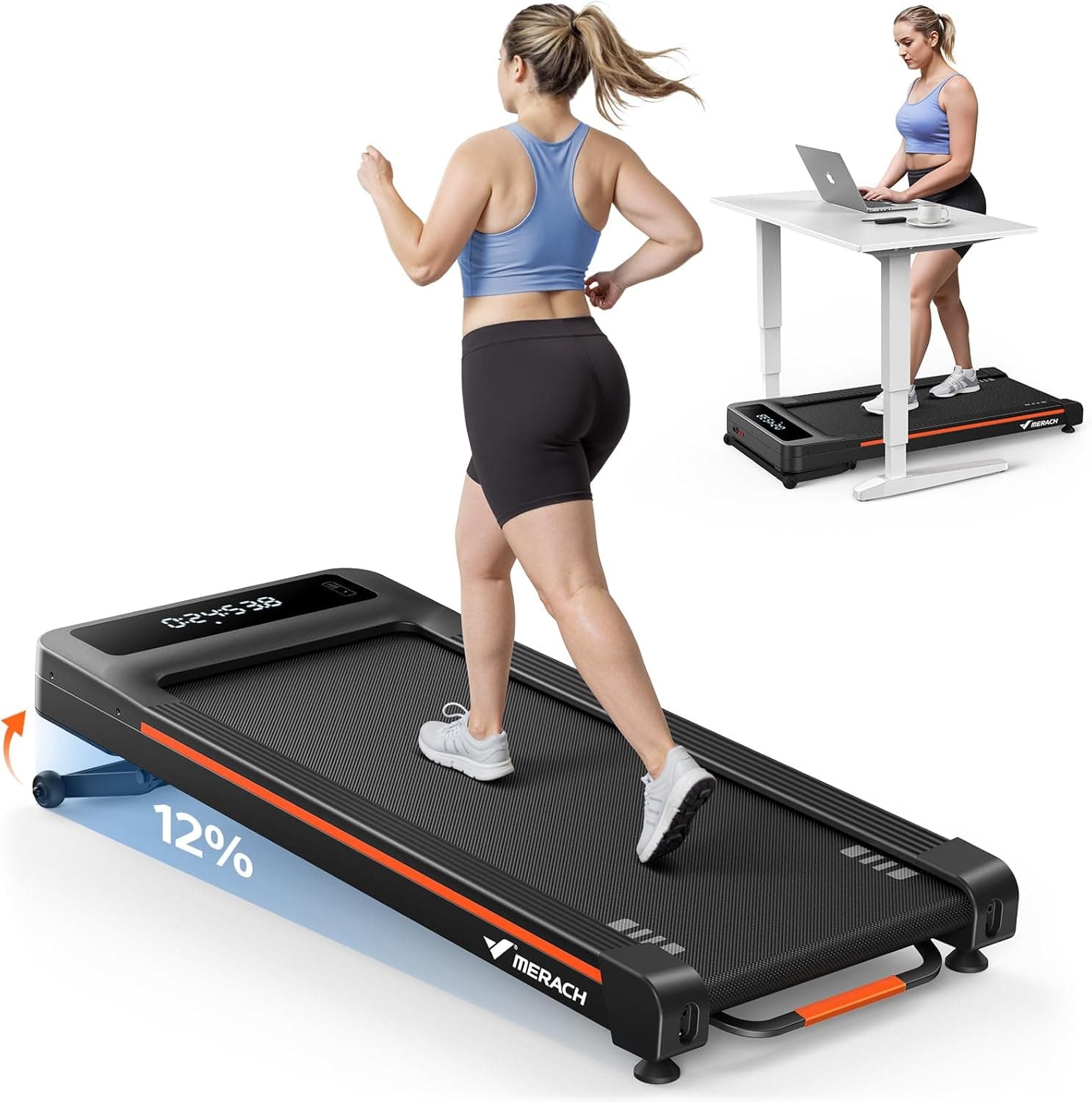 MERACH W50 walking pad raised to its 12% incline, with a second view under a standing desk