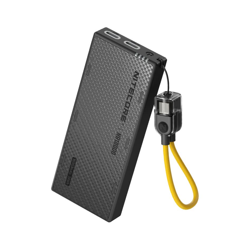 Nitecore NB10000 Gen4 carbon fiber power bank with its yellow lanyard charging cable