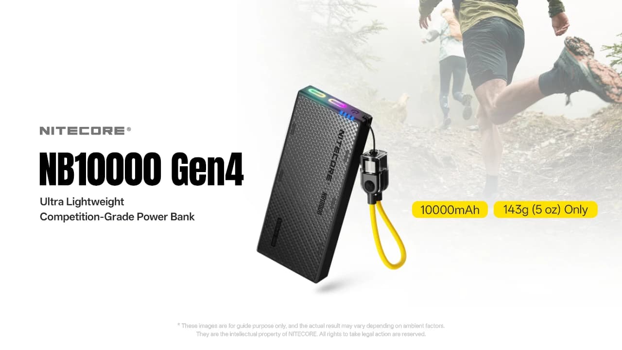 Official Nitecore marketing image of the NB10000 Gen4 power bank beside trail runners