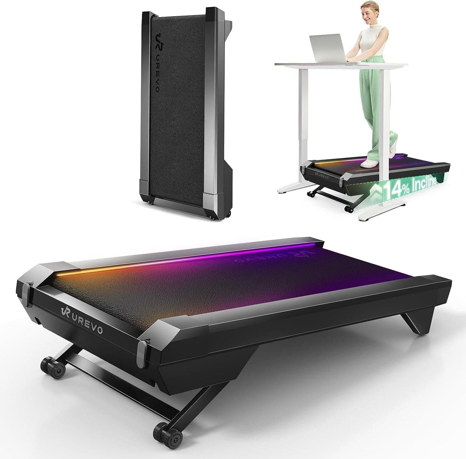 UREVO CyberPad walking pad in black, flat on the floor and stored on end beside a standing desk