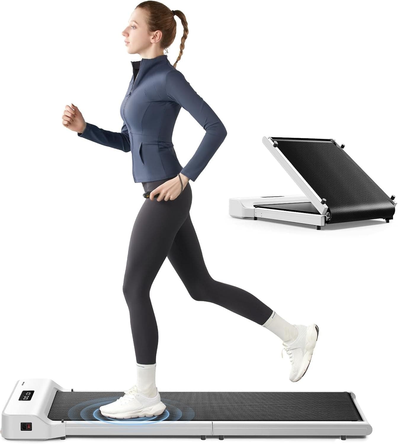 WalkingPad Z1 in white, open with a walker on the belt and folded in half behind