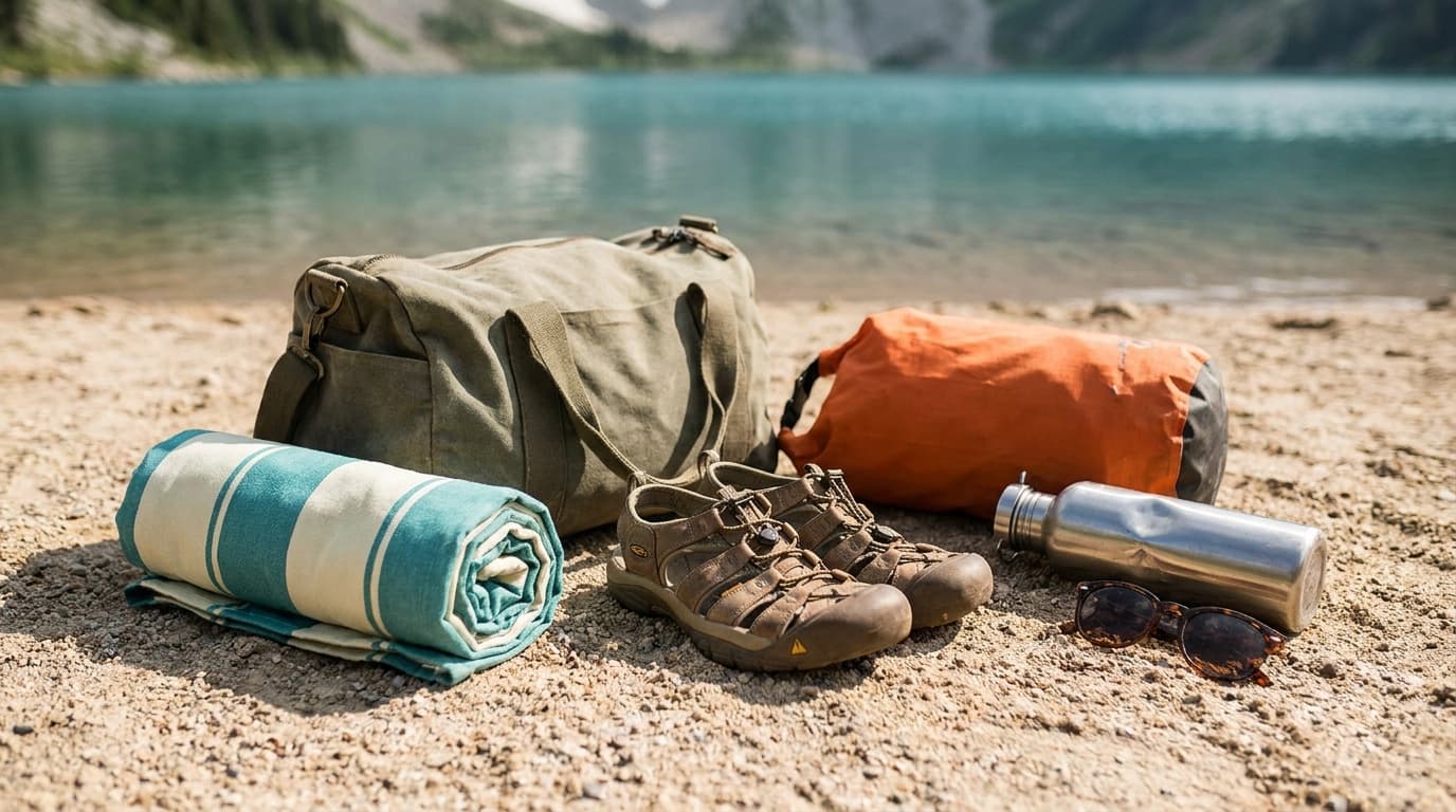 Beach vacation gear laid out on warm sand: a duffel, a rolled towel, water sandals, a dry bag, and an insulated water bottle
