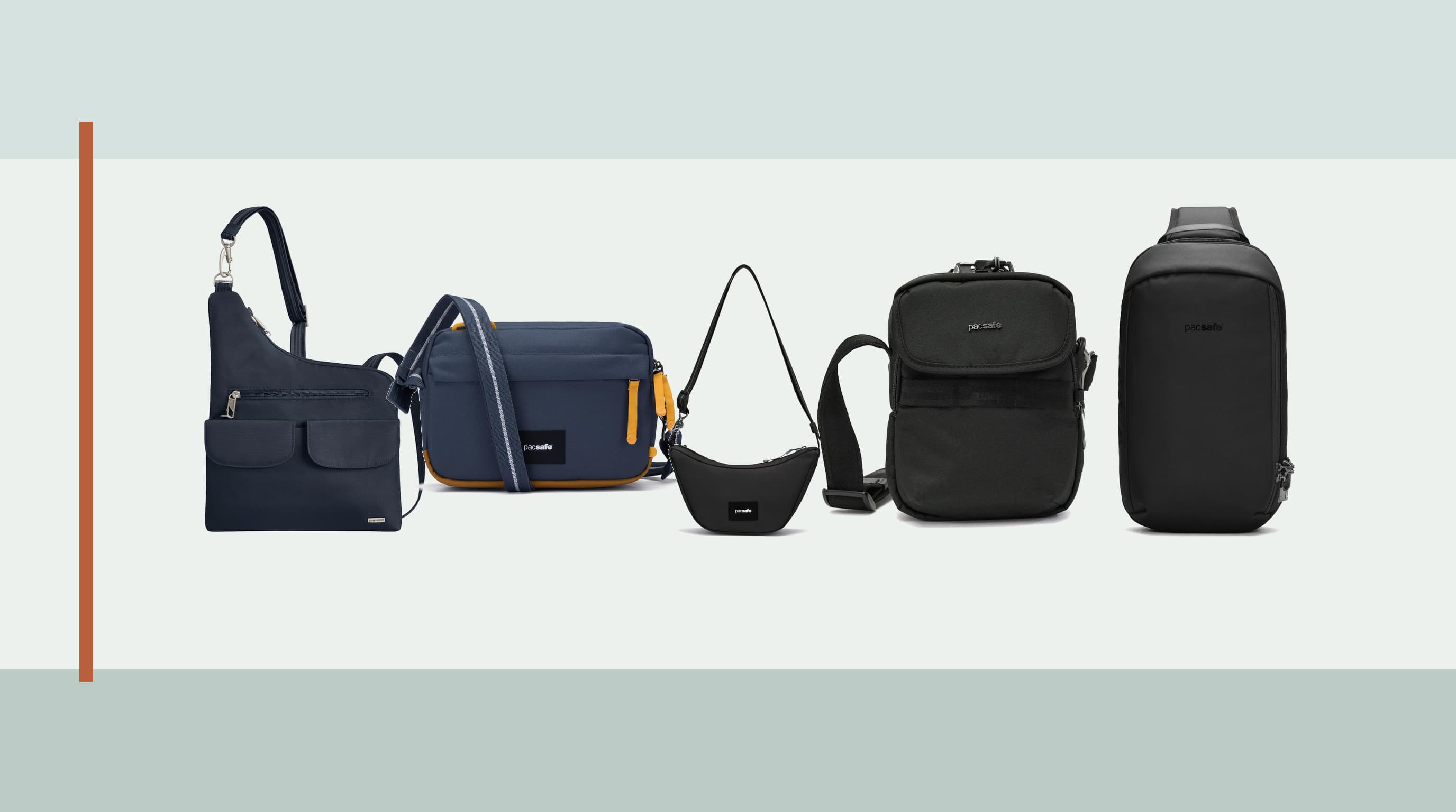 Five anti-theft crossbody and sling bags arranged for a city travel day