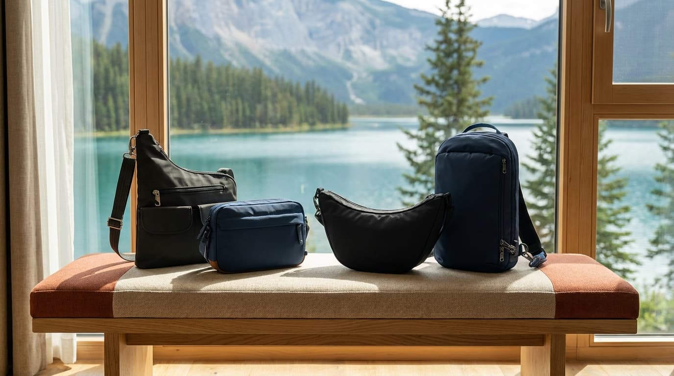 Five anti-theft crossbody and sling bags arranged for a city travel day
