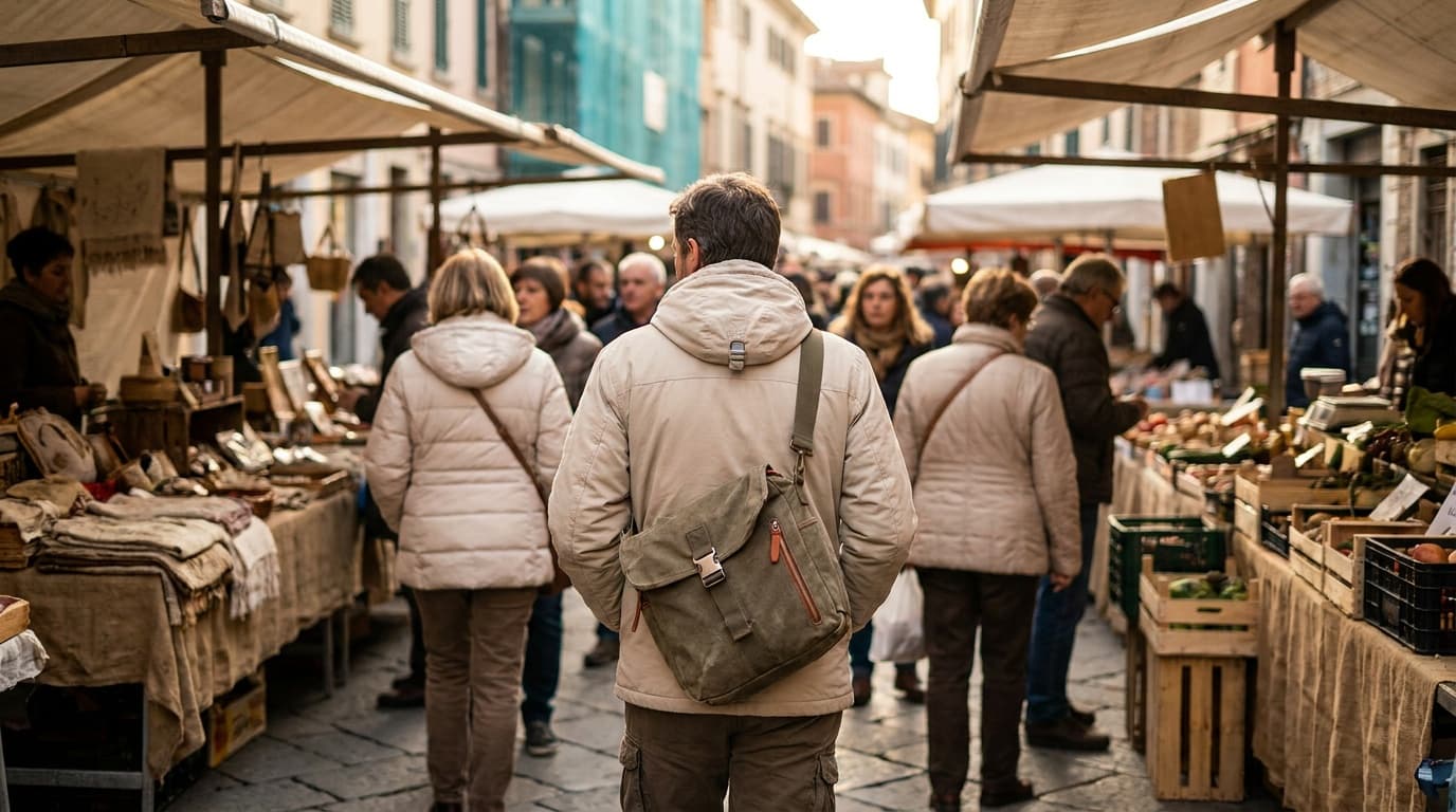 A traveler wearing a compact anti-theft crossbody bag on a crowded European market street, keeping the bag clasped at the front, afternoon light filtering between vendor stalls