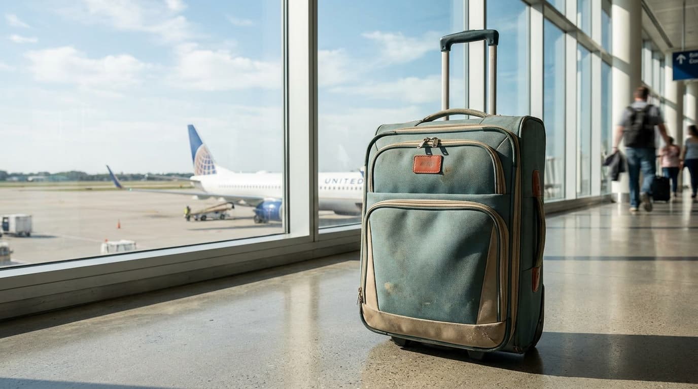 A row of four carry-on suitcases lined up at an airport gate, mixing hardside and softside shells in navy, silver, and charcoal