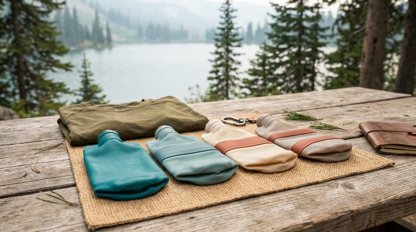 Four collapsible silicone and TPU water bottles laid flat on a packing mat next to a folded travel shirt, showing how small each compresses for carry-on packing