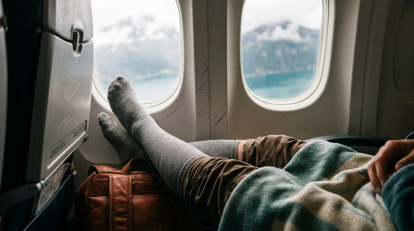 A traveler's legs stretched out in an airplane window seat, wearing knee-high compression socks, soft light through the oval window