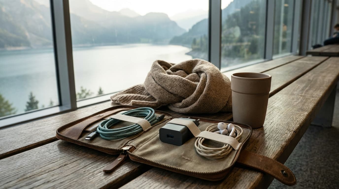 An open electronics travel organizer laid flat on an airport bench, showing neatly coiled cables, a USB-C charger, and earbuds in elastic loops