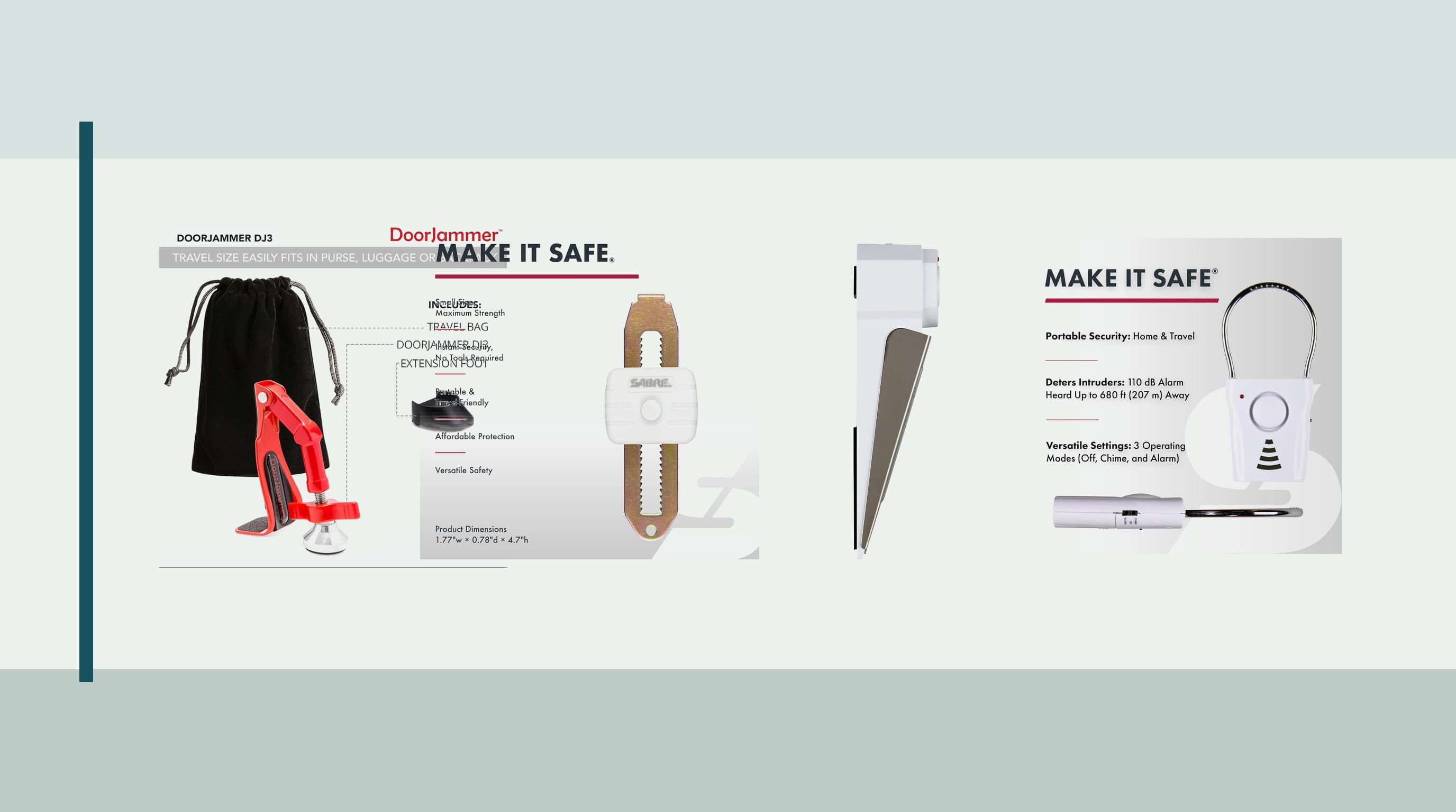Portable door brace, latch lock, wedge alarm, and handle alarm arranged inside a hotel room
