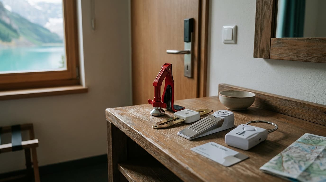 Portable door brace, latch lock, wedge alarm, and handle alarm arranged inside a hotel room