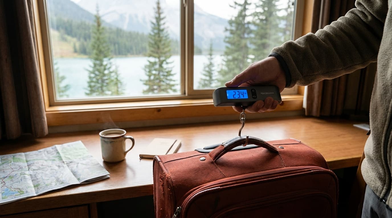 A traveler hooking a red suitcase to a compact digital luggage scale at a hotel room desk, display glowing with the weight reading