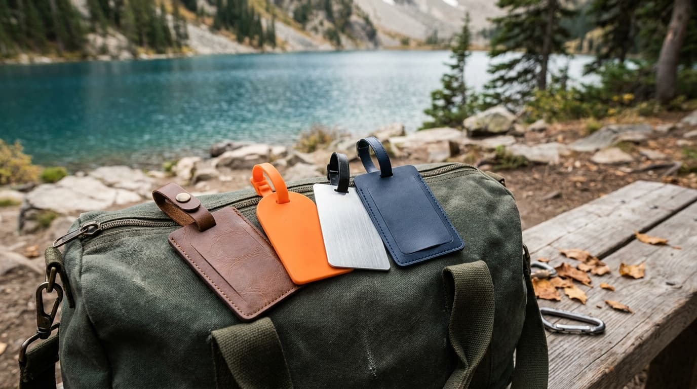Four luggage tags laid side by side on a worn canvas suitcase: a brown faux leather tag with a privacy flap, a bright orange silicone tag, a brushed aluminum tag, and a navy leatherette tag with a full-coverage privacy cover