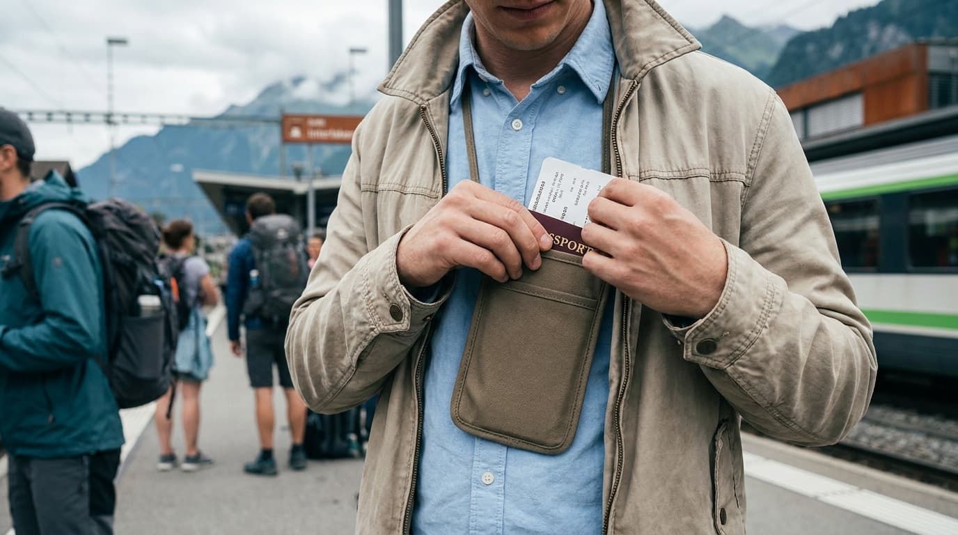 A traveler at a European train station tucking a slim neck wallet beneath a light shirt, passport and boarding pass visible at the pouch opening