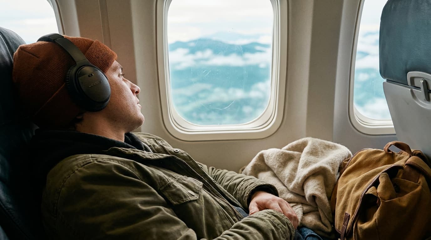 Traveler wearing over-ear noise cancelling headphones, reclining in a window seat with clouds visible outside the aircraft