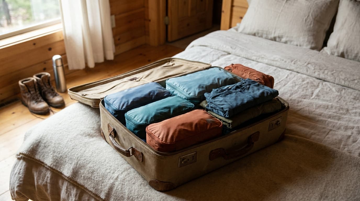 An open suitcase on a hotel bed, four packing cubes in muted colors arranged neatly inside, showing a shirt, pants, and accessories each in a separate compressed cube