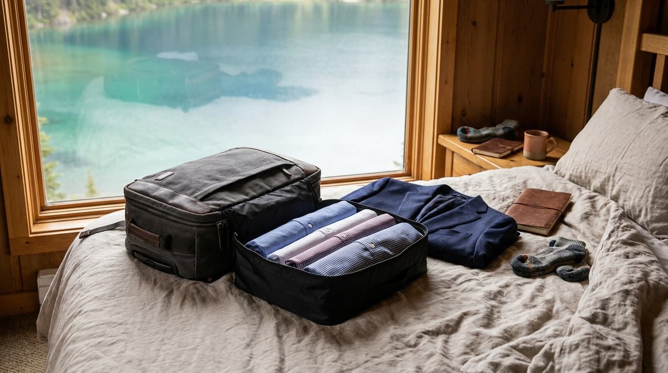 A neatly packed carry-on bag open on a hotel bed, with a black packing folder displaying four crisp dress shirts stacked flat inside, a suit jacket folded beside it