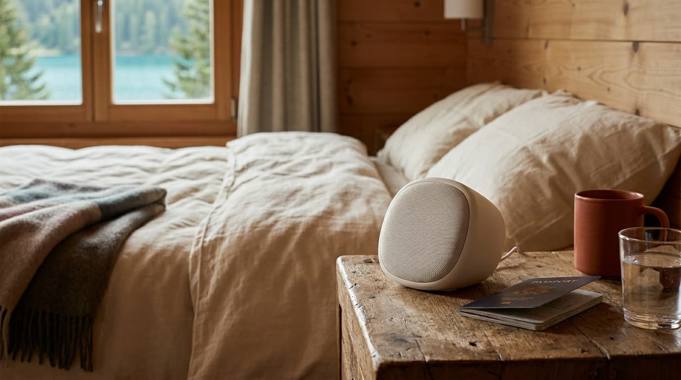 A small white noise machine sitting on a hotel nightstand beside a passport and a glass of water, warm room light in the background