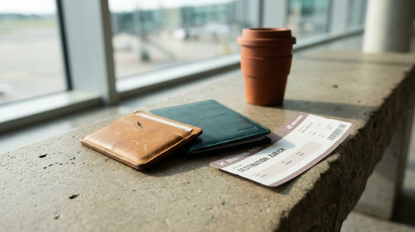 A slim leather wallet, a passport holder, and a boarding pass laid flat on a stone airport terminal surface, morning light cutting across them.