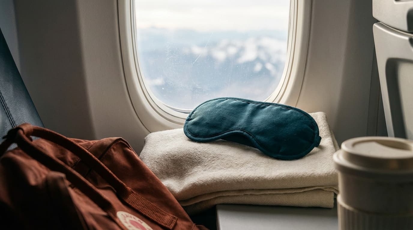 A contoured sleep mask resting on a folded airline blanket beside a window seat, soft cabin light visible outside
