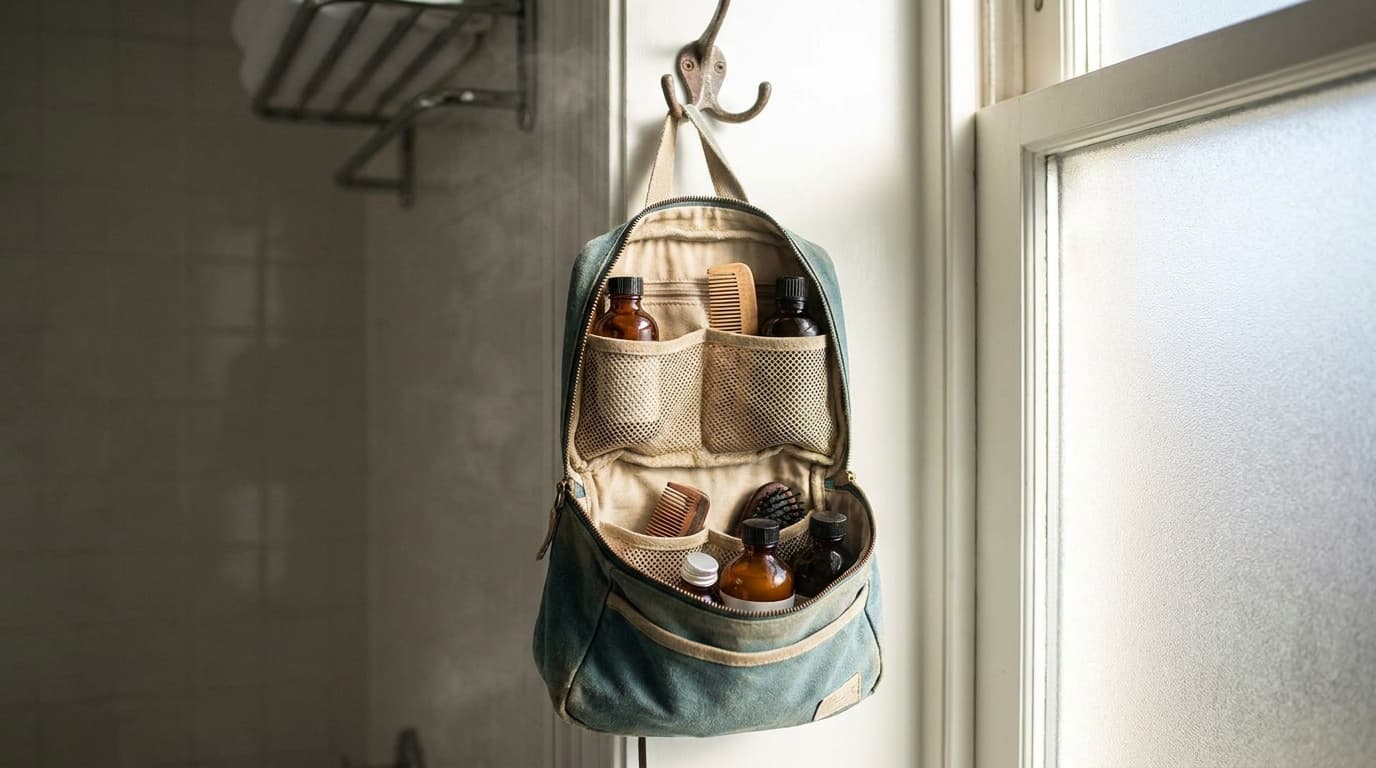 A hanging toiletry bag unzipped and suspended from a hotel bathroom hook, bottles and grooming tools neatly arranged in mesh pockets, morning light through frosted glass