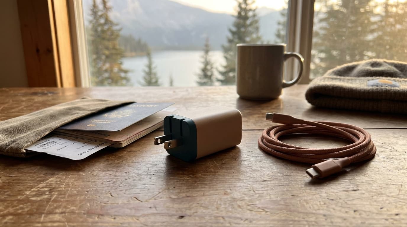 Flat-lay of a compact GaN travel adapter on a wooden desk beside a passport, boarding pass, and USB-C laptop cable, warm afternoon light