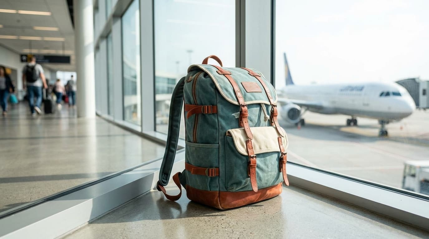 A traveler lifting a loaded travel backpack onto an overhead bin in a bright airplane cabin, morning light through the window
