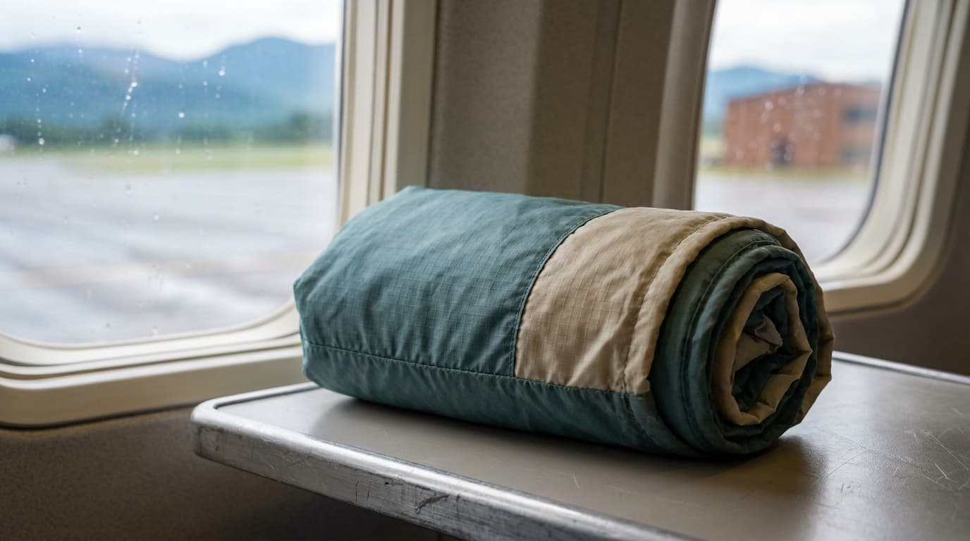 A compact travel blanket stuffed into its own pillow pouch, resting on a window seat tray table with a blurred runway visible outside