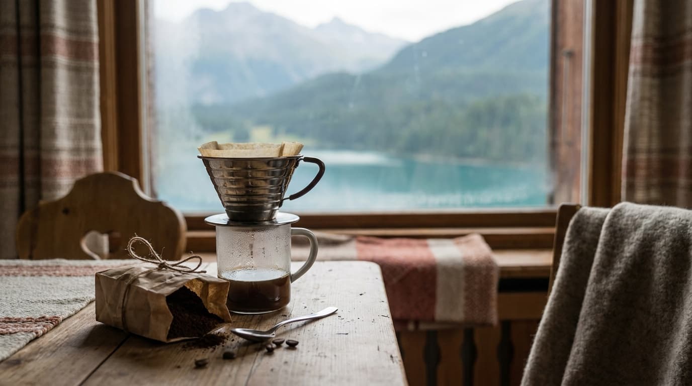 A stainless steel pour-over dripper balanced on a mug on a wooden hotel room desk, morning light through the window, a small bag of ground coffee beside it
