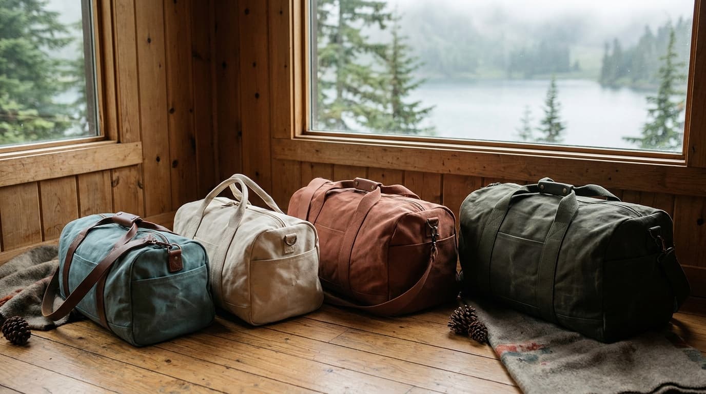 Four travel duffel bags lined up on a wooden floor near a window, ranging from compact carry-on size to a large checked-bag duffel, showing different colors and carry handle positions