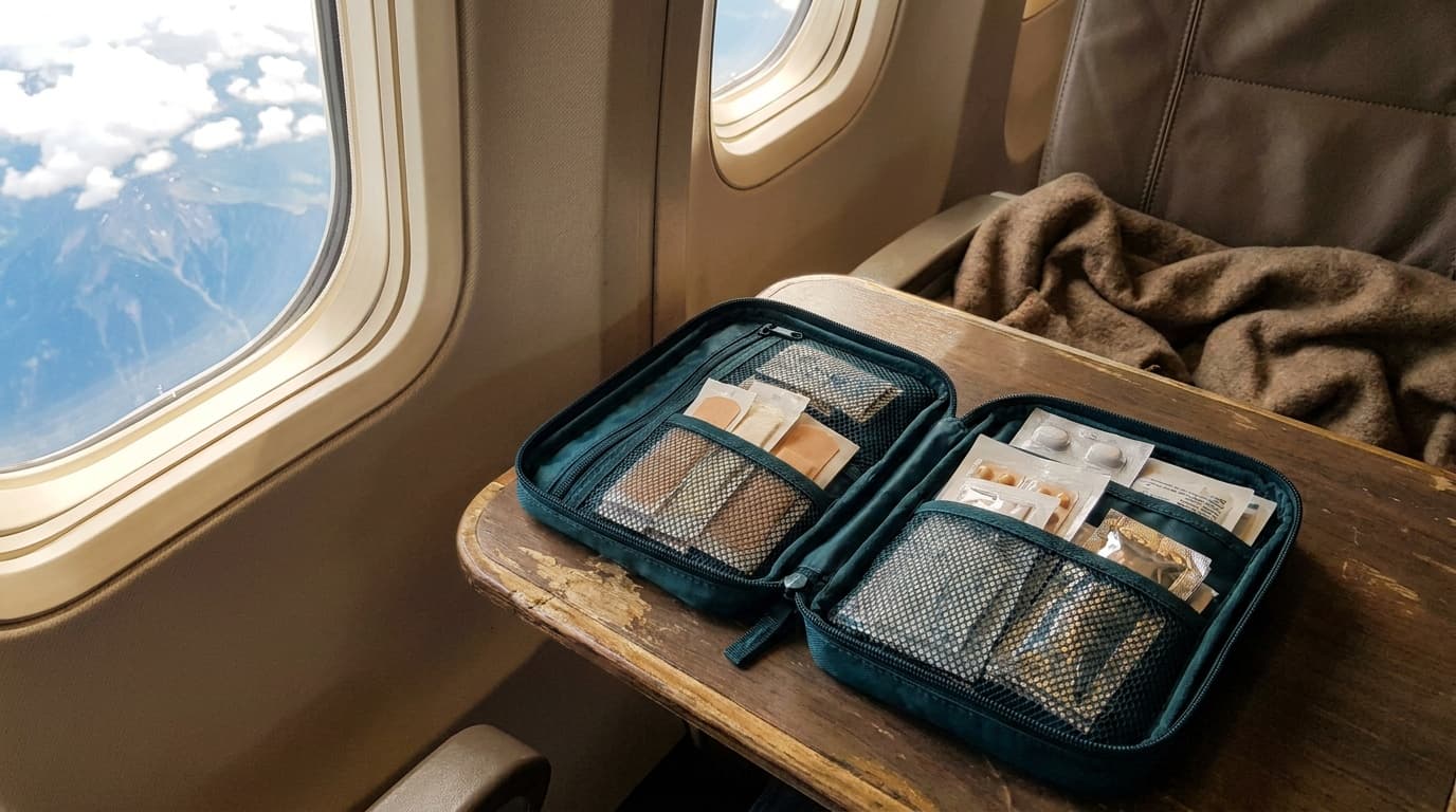 An open waterproof first aid kit laid flat on a wood-grain airplane tray table, neatly organized compartments of bandages, blister pads, and foil packets visible, window seat with clouds outside