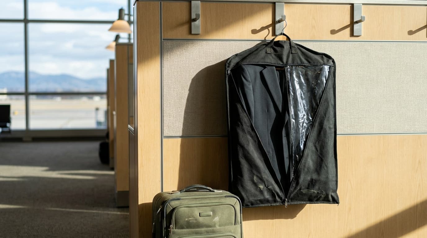 A slim black garment bag hanging on an airport lounge hook beside a carry-on suitcase, suit jacket visible through the zippered panel, overhead terminal light casting clean shadows