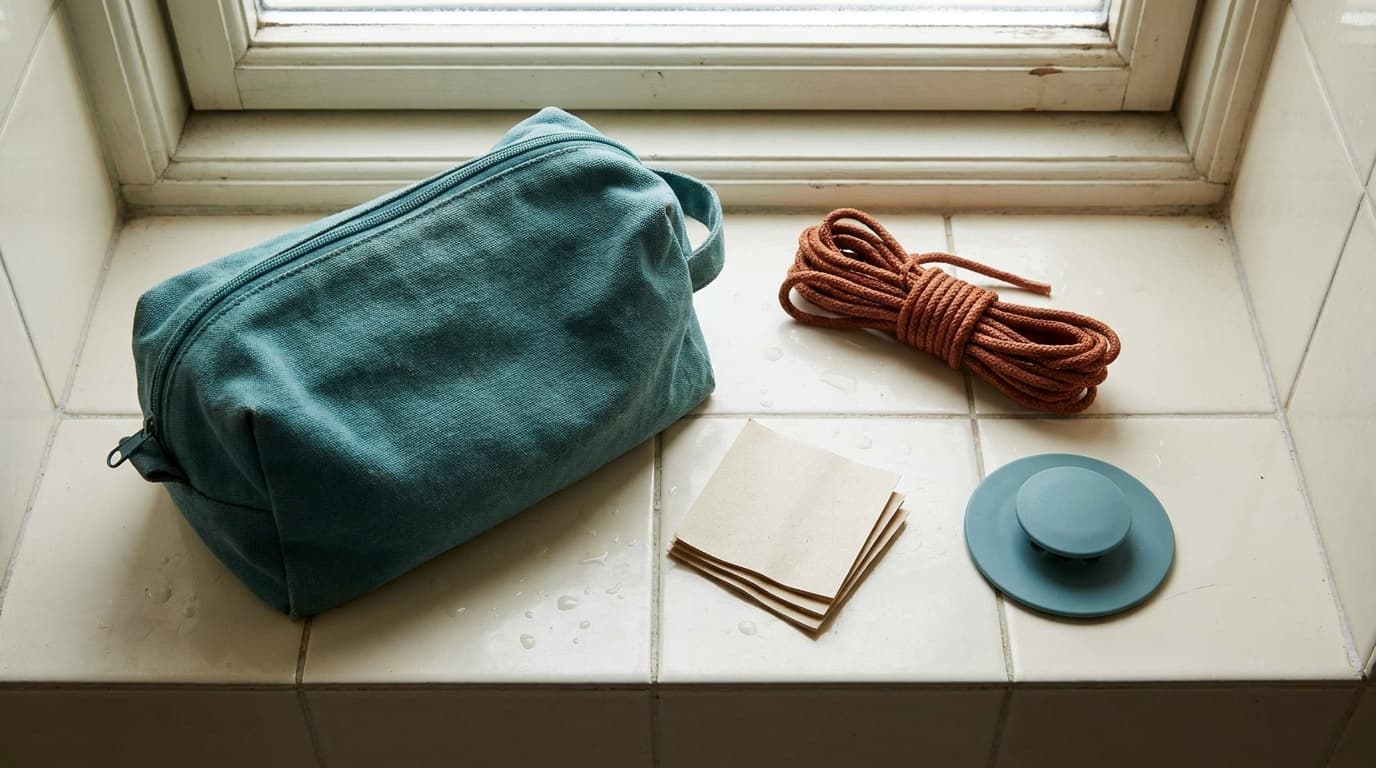 A compact travel laundry kit laid out on a hotel bathroom counter, including a folded wash bag, a stack of detergent strips, a coiled clothesline, and a silicone drain stopper, photographed from above on white tile