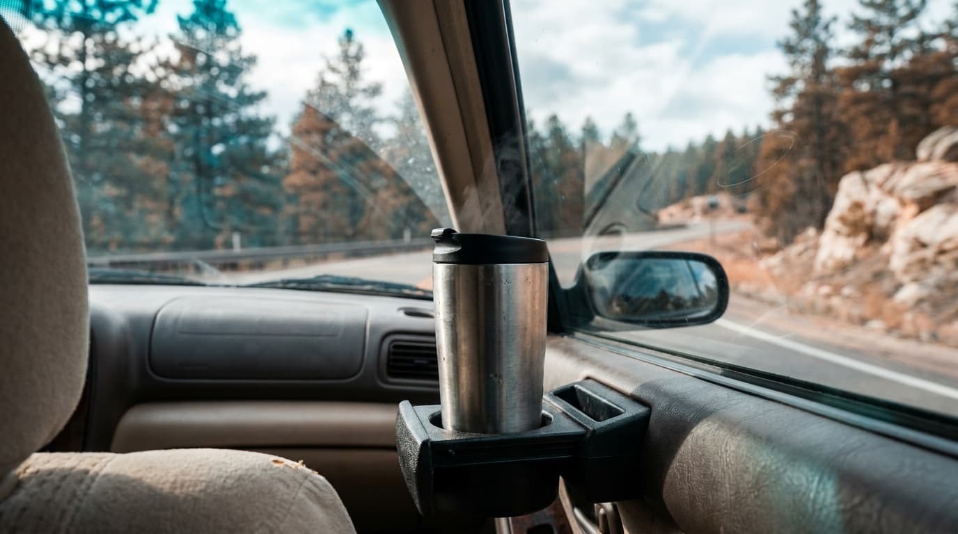 A stainless steel travel mug sitting upright in a car cup holder, morning light through a windshield, takeaway coffee steam rising against a blurred highway backdrop