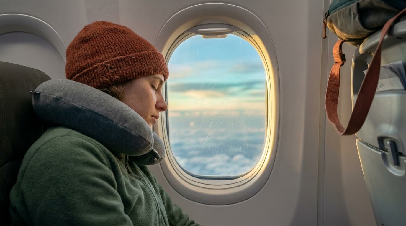 A traveler asleep against a plane window, neck pillow visible, soft morning light over the clouds outside