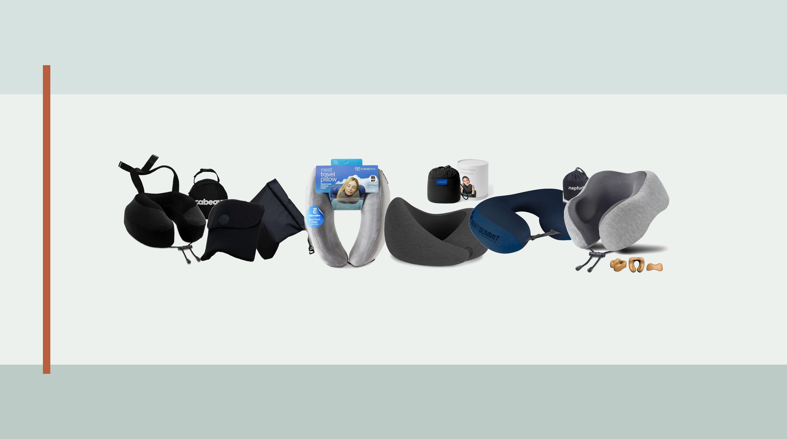 Six different travel pillow designs arranged in an airport lounge before a long flight