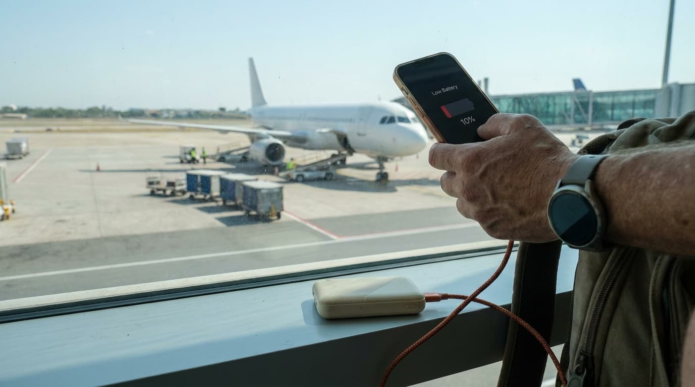 A phone reading low battery charging from a power bank at a sunlit airport window